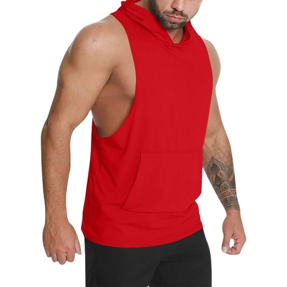 IYTR Men's Tank Top Shirts Hooded Neck Summer Sleeveless Tank Tops Vest Solid Color Sports Casual Tees Shirts Red M