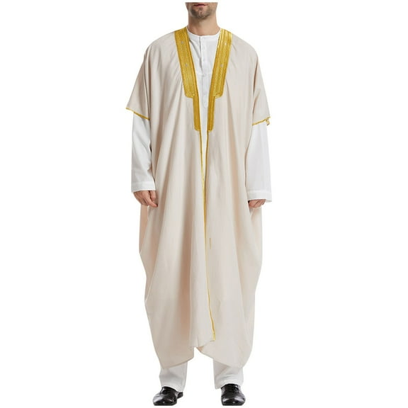 IYTR Men's Thobe Jubba Long Sleeve Muslim Long Dress Pakistan Saudi Islam Clothing Ramadan Kaftan Robe Abaya Thobe Beige XL