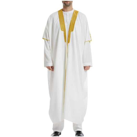 IYTR Men's Thobe Jubba Long Sleeve Muslim Long Dress Pakistan Saudi Islam Clothing Ramadan Kaftan Robe Abaya Thobe White M