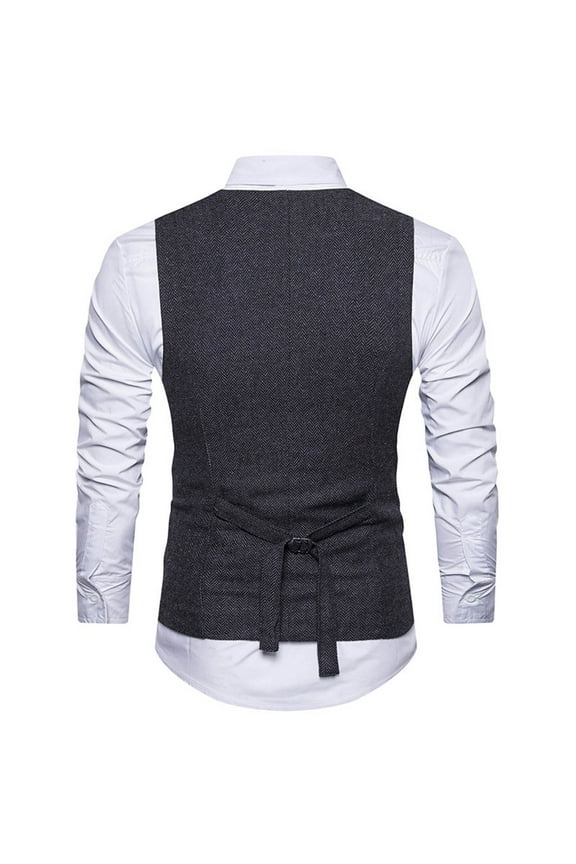 Men's Tweed Vest Herringbone Vests Slim Fit Waistcoat Double Breasted Business Dress Vest with Adjustable Back Strap Groomsmen Wedding Party Prom Vest Black L