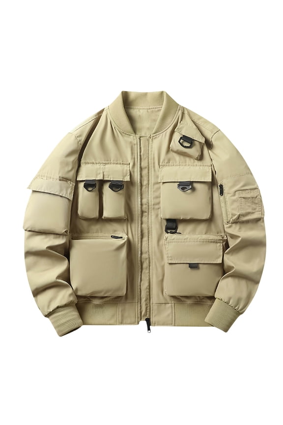 Men's Utility Jacket Multi Pocket Jacket Lightweight Zip Up Outwear Streetwear Fashion Coat Large Pockets Solid Color Khaki M