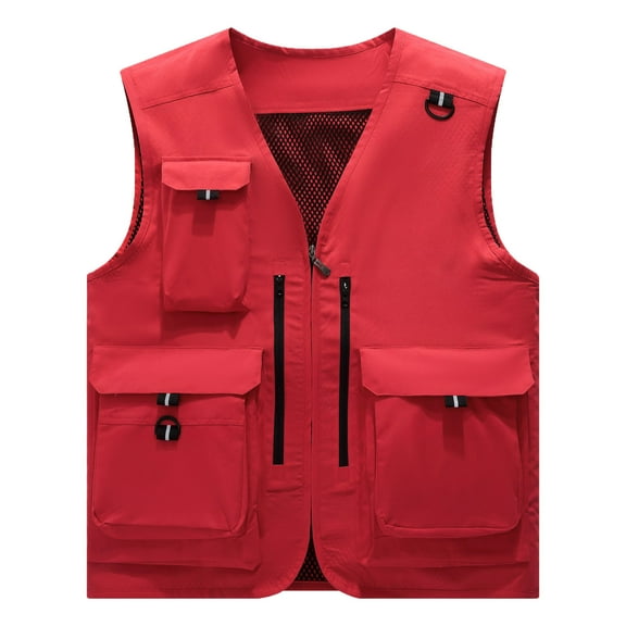 IYTR Men's Utility Waistcoat Multi-Pocket Fishing Waistcoat Outdoor Waistcoat Sleeveless Jacket Breathable Lightweight Work Waistcoat with Zipper Multiple Pockets Red L