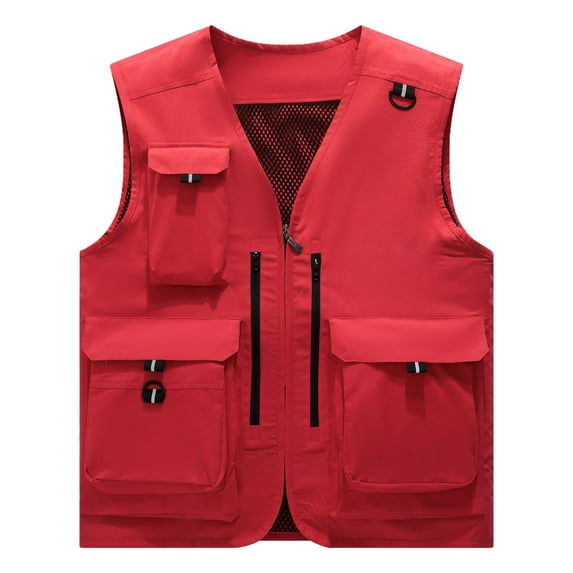IYTR Men's Utility Waistcoat Multi-Pocket Fishing Waistcoat Outdoor Waistcoat Sleeveless Jacket Breathable Lightweight Work Waistcoat with Zipper Multiple Pockets Red XXXXL