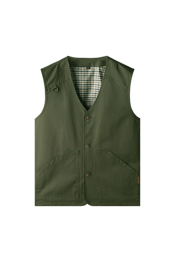 Men's Utility Waistcoat Multi-Pocket Sleeveless Button Up Work Waistcoat Outdoor Hiking Fishing Waistcoat with Plaid Lining Army Green XXXL