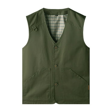 IYTR Men's Utility Waistcoat Multi-Pocket Sleeveless Button Up Work Waistcoat Outdoor Hiking Fishing Waistcoat with Plaid Lining Army Green XXXXXXL