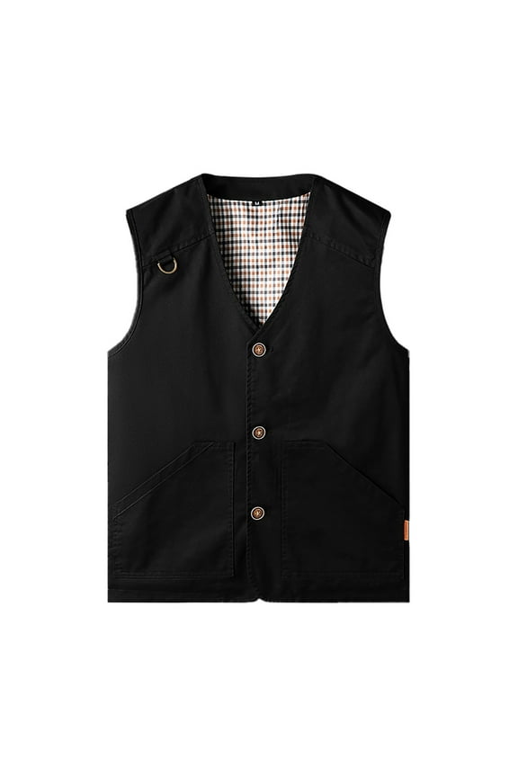 Men's Utility Waistcoat Multi-Pocket Sleeveless Button Up Work Waistcoat Outdoor Hiking Fishing Waistcoat with Plaid Lining Black L