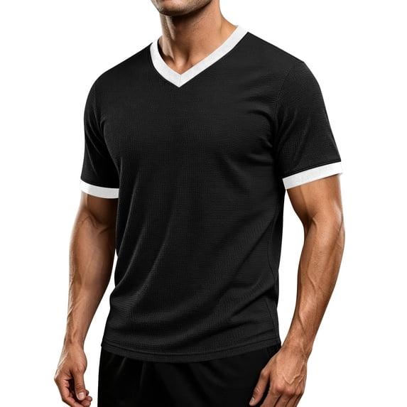 IYTR Men's V-Neck Short Sleeve Slim Fit T-Shirt Contrast Trim Cuff Casual Summer Athletic Gym Workout Solid Color Muscle Tee (Black,XL)