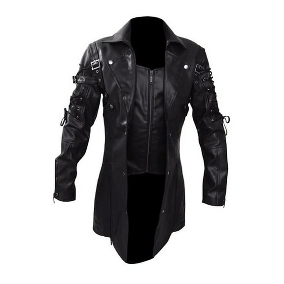 IYTR Men's Vintage Leather Jacket Plus Size Loose Leather Coats with Pocket Solid Color Long Sleeve Jacket Zipper Turndown Collar Black M