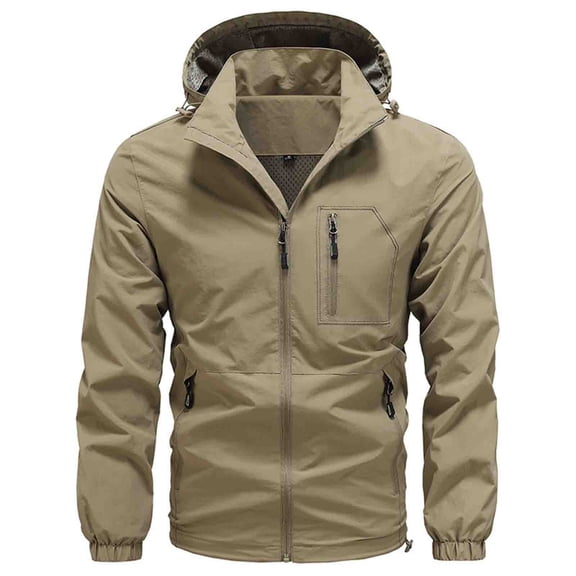 IYTR Men's Windbreaker Jacket Full Zip Up Solid Color Hooded Drawstring Jacket Outdoor Sport Coat with Pockets Khaki XXXXXL