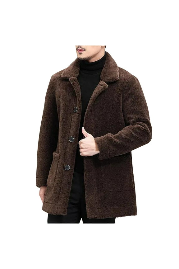 Men's Winter Coat Fleece Lined Thick Warm Jacket Button Up Outwear Long Sleeve Overcoat Coffee M
