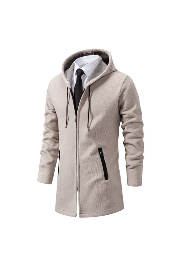 Men's Winter Coat Hooded Full Zip Up Solid Color Long Sleeve Warm Jacket Fashion Trench Coat with Pockets Beige M