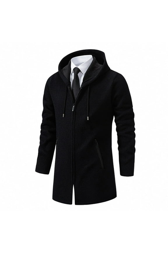 Men's Winter Coat Hooded Full Zip Up Solid Color Long Sleeve Warm Jacket Fashion Trench Coat with Pockets Black M