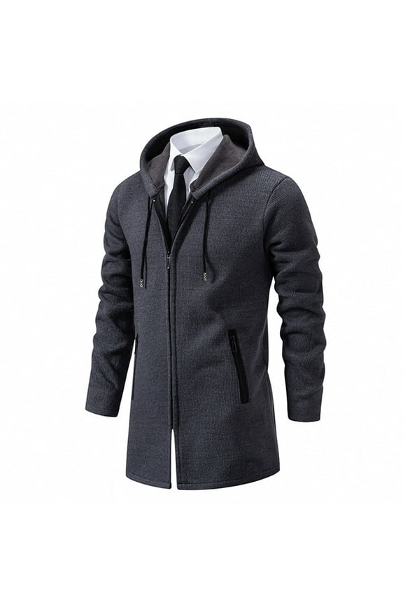 Men's Winter Coat Hooded Full Zip Up Solid Color Long Sleeve Warm Jacket Fashion Trench Coat with Pockets Dark Gray M