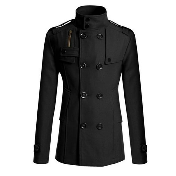 IYTR Men's Winter Coat Turndown Collar Double Breasted Peacoat Slid Color Stand Collar Long Sleeve Warm Overcoat Trench Coat Black XXXL
