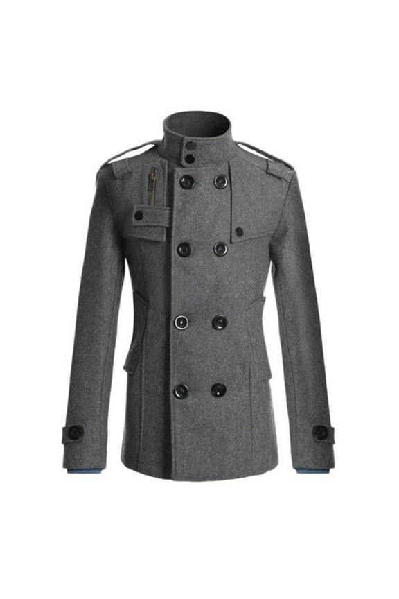 Men's Winter Coat Turndown Collar Double Breasted Peacoat Slid Color Stand Collar Long Sleeve Warm Overcoat Trench Coat Gray XL