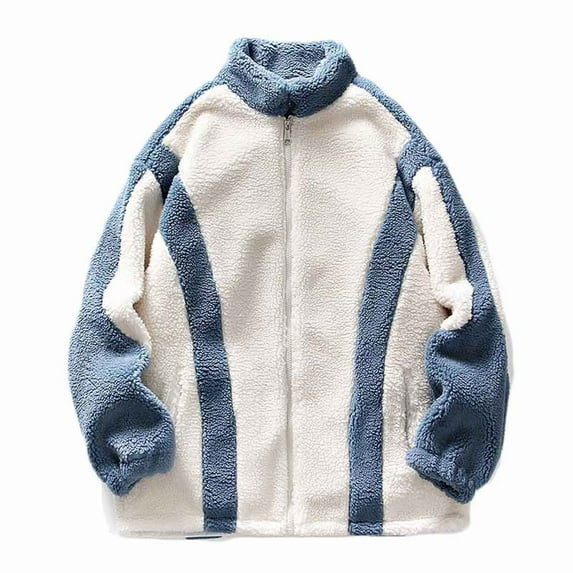 IYTR Men's Winter Color Block Sherpa Fleece Zip Up Teddy Outwear Oversized Fleece Warm Coat Blue XXL