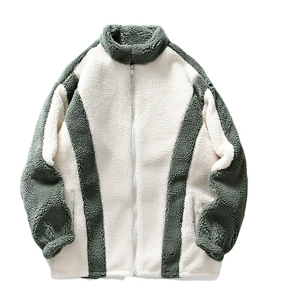 IYTR Men's Winter Color Block Sherpa Fleece Zip Up Teddy Outwear Oversized Fleece Warm Coat Green M