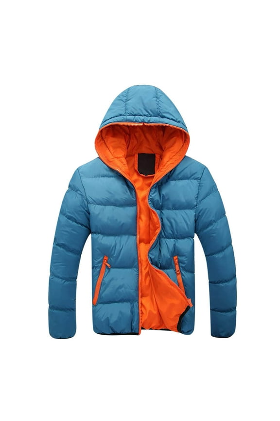 Men's Winter Hooded Puffer Jacket Coat Orange Black Warm Thick Outwear Pockets Zipper Windproof Lightweight Down Jackets Outwear Coats Sky Blue XXL