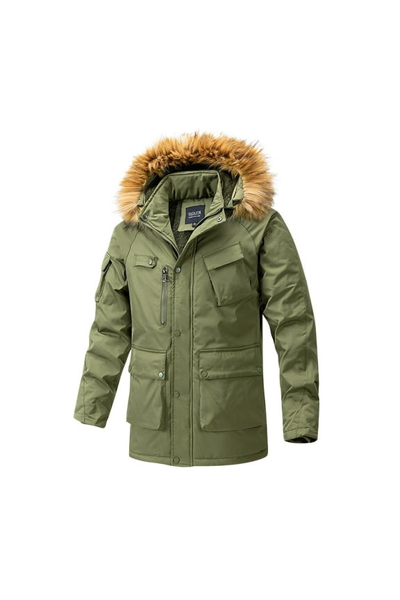 Men's Winter Jacket Faux Hood Warm Thick Parka Coat Outdoor Windproof Thick Warm Thicken Winter Parka Army Green XXL