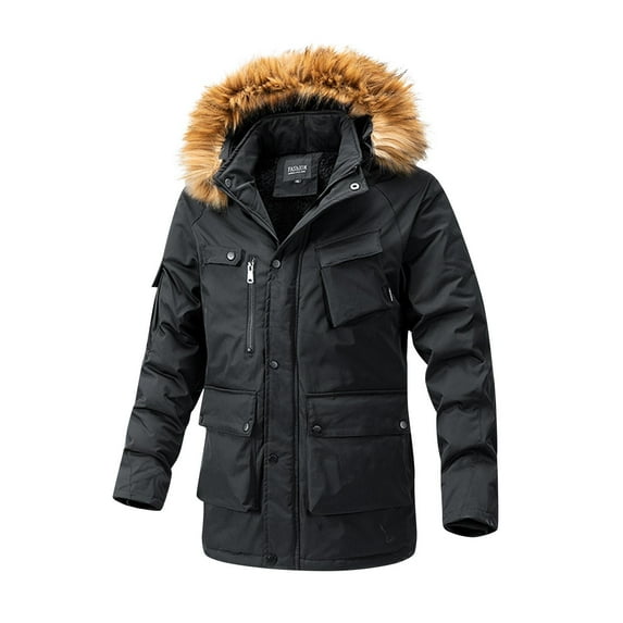 IYTR Men's Winter Jacket Faux Hood Warm Thick Parka Coat Outdoor Windproof Thick Warm Thicken Winter Parka Black XXXXL