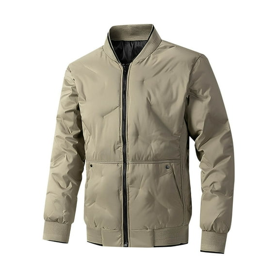 IYTR Men's Winter Jacket Solid Color Long Sleeve Warm Thick Full Zipper Stand Collar Padded Outerwear with Pockets Khaki M