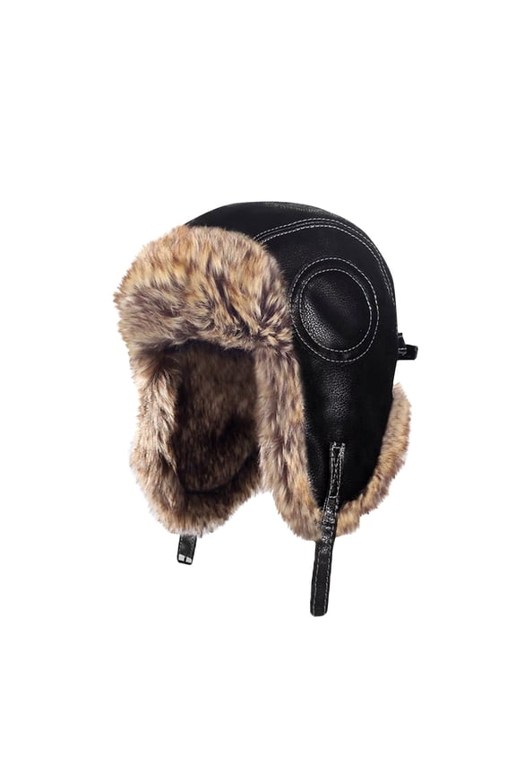 Men's Winter Leather Hats Solid Color Thickened Plush Outdoor Windproof Motorcycle Ear Protection Hat Black Free Size