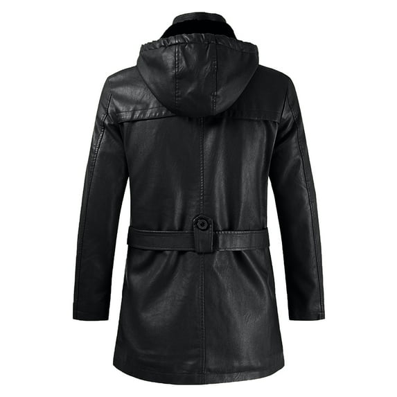 IYTR Men's Winter Long Leather Jacket with Removable Hood Warm Outwear Trench Coat Lapel Zipper Pockets Slim Fit Motorcycle Overcoat Black XXL