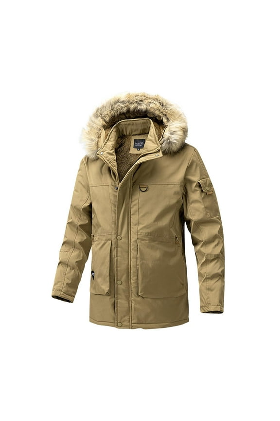 Men's Winter Parka Jacket Faux Hood Thick Warm Winter Coat Thicken Outerwear Windproof Snow Jacket Large Pockets Khaki L