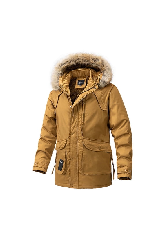 Men's Winter Parka Jacket Faux Hood Thicken Warm Windproof Outerwear Long Sleeve Pockets Thick Coat Outdoor Overcoat Snow Yellow XL