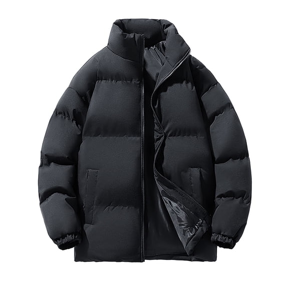 IYTR Men's Winter Puffer Jacket Warm Thick Down Coat Full Zipper Solid Color Stand Collar Padded Outerwear with Pockets Black M
