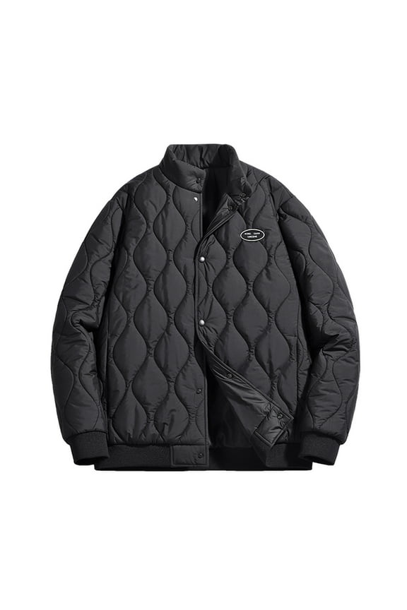 Men's Winter Quilted Padded Jacket Stand Collar Baseball Snap Button Pockets Warm Coats Streetwear Black XXXL