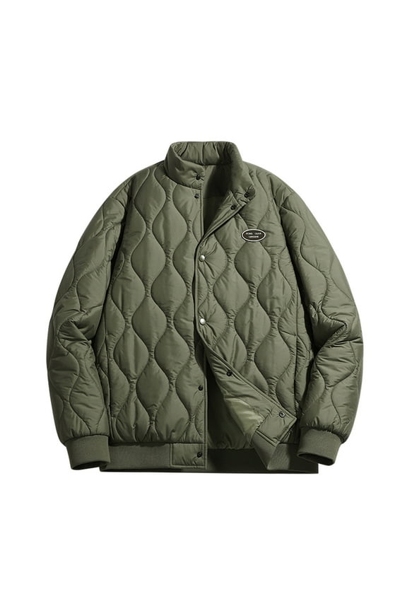 Men's Winter Quilted Padded Jacket Stand Collar Baseball Snap Button Pockets Warm Coats Streetwear