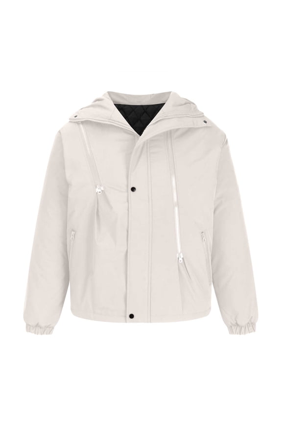 Men's Winter Stand Collar Solid Color Zipper Long Sleeve Hooded Padded Coats Outwear Warm Thickening Parkas Jackets Overcoats White L