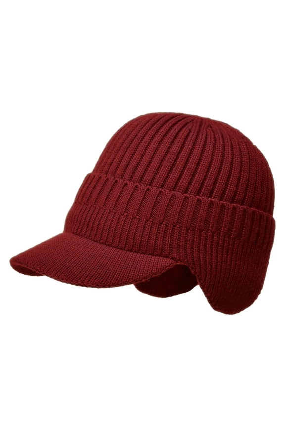 Men's Winter Visor Beanie Hat with Earflaps Solid Knit Baseball Cap Ski Hat Warm Fleece Lined Hunting Hat Wine Free Size