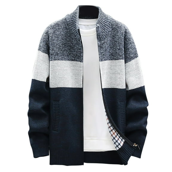 IYTR Men's Winter Warm Color Block Knitted Cardigan Sweater with Zipper Pockets Stand Collar Outwear Dark Gray L