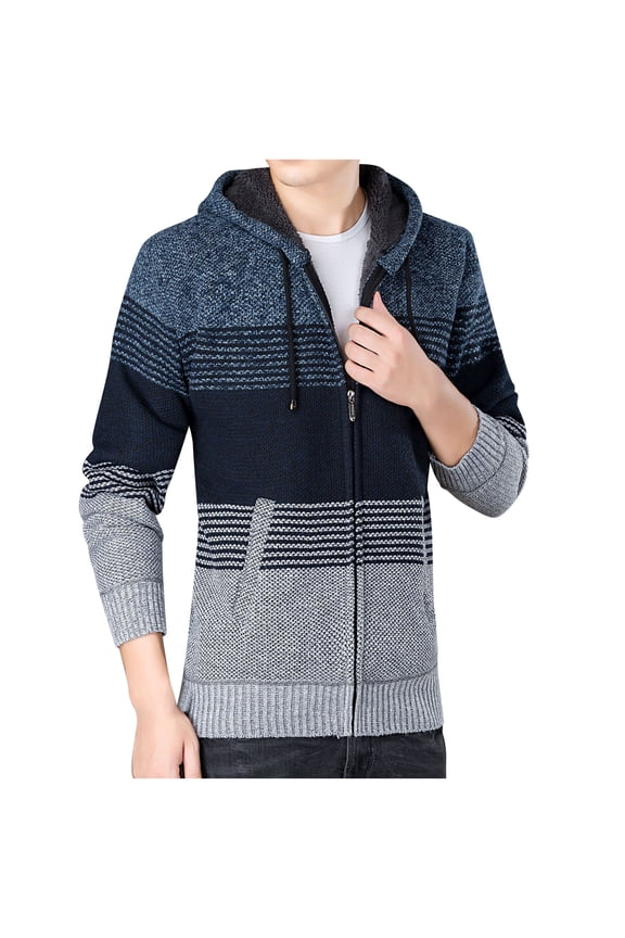 Men's Winter Warm Color Block Knitted Hooded Drawstring Sweater Coat Fleece Lined Thickening Cardigan with Pockets Blue M