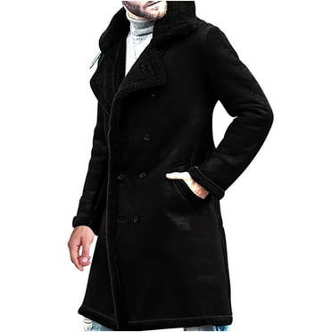 IYTR Men's Winter Warm Double Breasted Long Overcoat Slim Fit Faux Fur Shearling Coat Jacket with Pockets