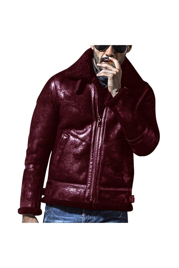 Men's Winter Warm Faux Fur Collar Faux Leather Biker Motorcycle Jacket Coat Outwear with Zipper Pockets Wine L
