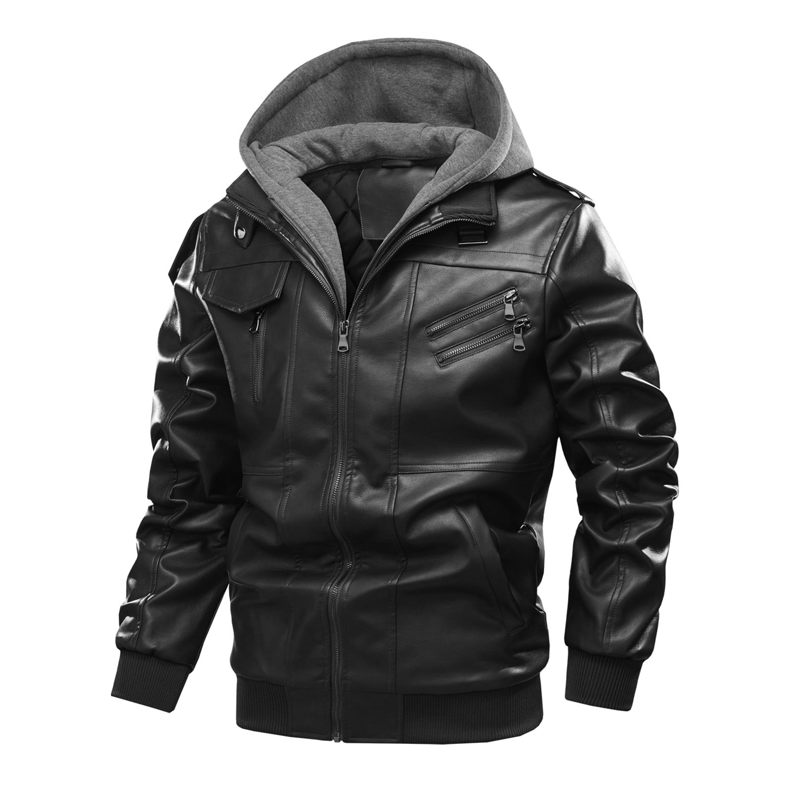 IYTR Men's Winter Warm Faux Leather Hooded Jacket with Hood Thickened Fleece Lined Pockets Zipper Motorcycle Outwear Coats Black M