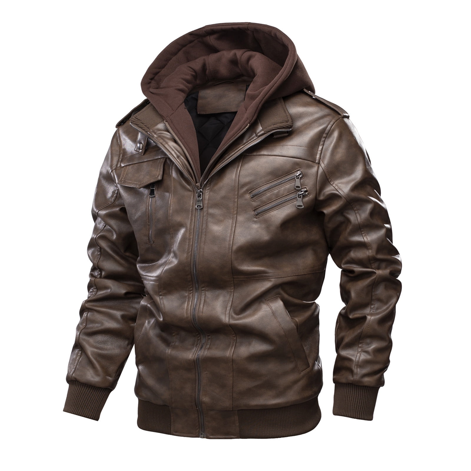 IYTR Men's Winter Warm Faux Leather Hooded Jacket with Hood Thickened Fleece Lined Pockets Zipper Motorcycle Outwear Coats Coffee L