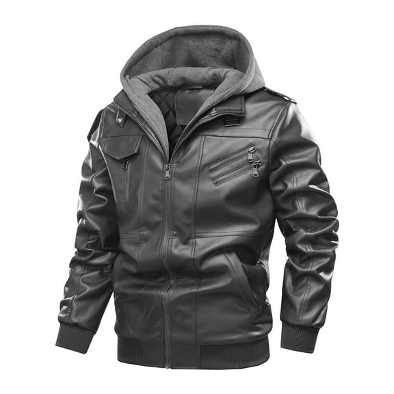 IYTR Men's Winter Warm Faux Leather Hooded Jacket with Hood Thickened Fleece Lined Pockets Zipper Motorcycle Outwear Coats Gray S