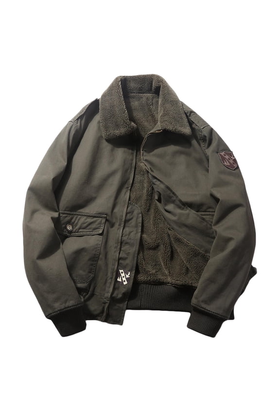 Men's Winter Warm Fleece Trucker Flight Jacket Thickened Coats Army Green Vintage Pockets Stand Collar Outerwear Green XXL