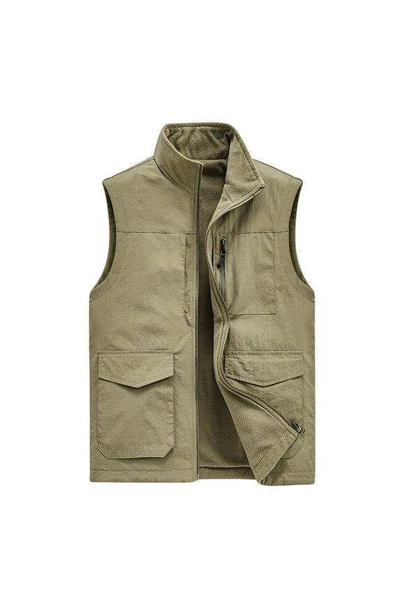 Men's Winter Warm Fleece Vest Outdoor Stand Collar Sleeveless Waistcoat Multi-Pockets Zipper Thermal Vest Plus Size Khaki XXXL