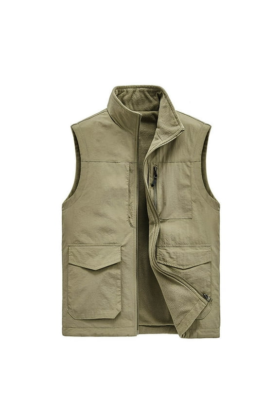 Men's Winter Warm Fleece Vest Sleeveless Stand Collar Zipper Pockets Waistcoat Coats Khaki XXXXXL