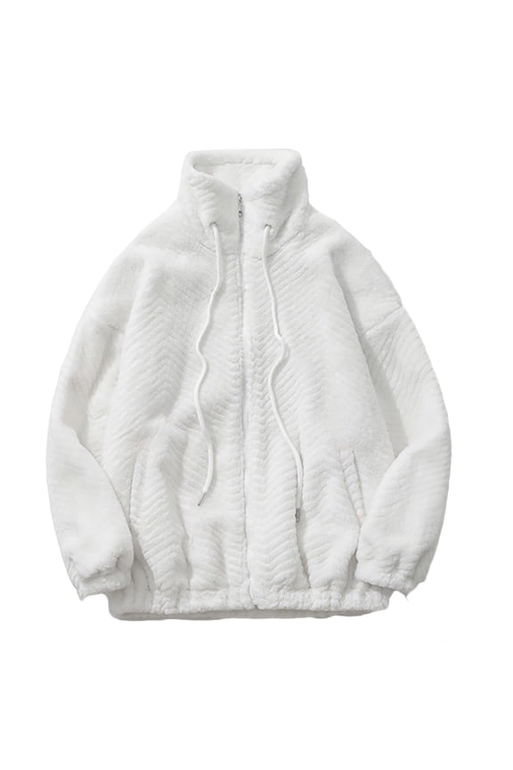 Men's Winter Warm Fleece Zip Up Stand Collar Oversized Teddy Jacket Coat Streetwear Outwear with Pockets White XL