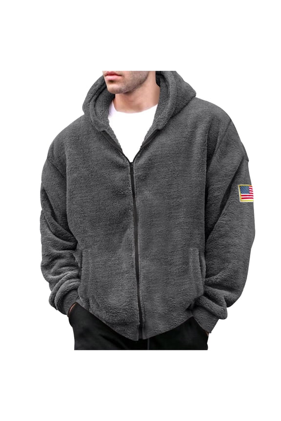 Men's Winter Warm Full Zip Up Hoodie Sweatshirt Thicken Fluffy Fleece Outwear Jacket with Pockets Gray L