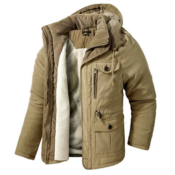 IYTR Men's Winter Warm Hooded Coats Solid Color Long Sleeve Thicken Fleece Jackets Parkas Outwear with Pockets Khaki XL