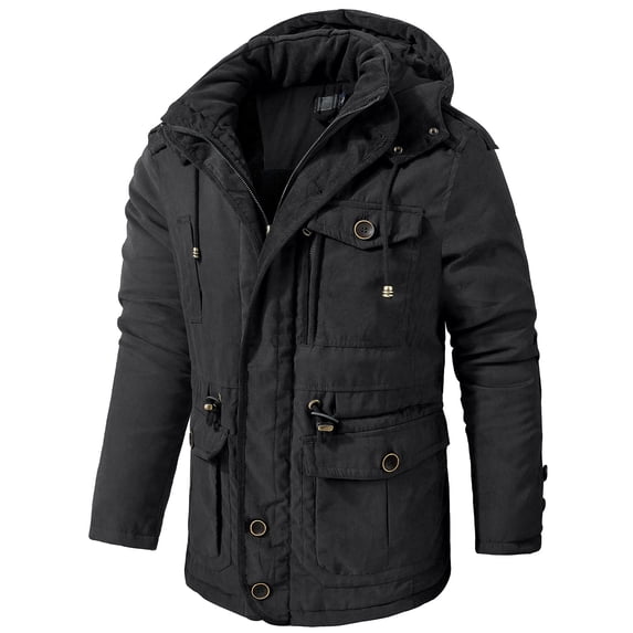 IYTR Men's Winter Warm Hooded Coats Thicken Fleece Jackets Outwear Multi-Pockets Windproof Overcoat Parkas Black XXL