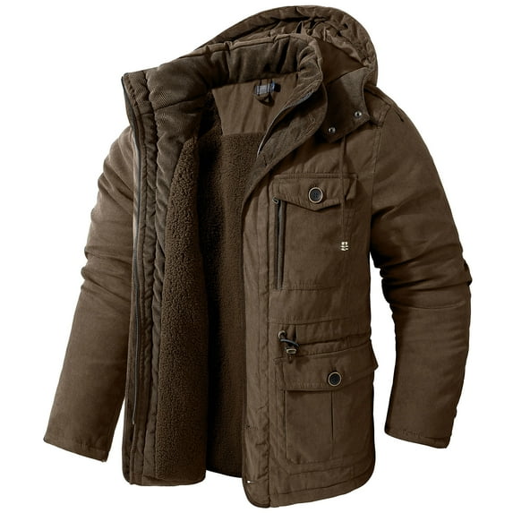 IYTR Men's Winter Warm Hooded Coats Thicken Fleece Jackets Outwear Multi-Pockets Windproof Overcoat Parkas Brown M