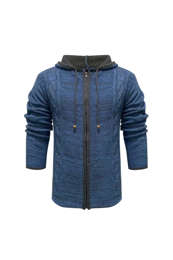 Men's Winter Warm Hooded Sweater Coat Thicken Fleece Knitted Zipper Cardigan Jacket Outwear Pockets Blue Blue XXL